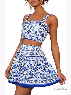 Floral Print Crop Cami Top with Mini Skirt Set, Non Stretch Fabric